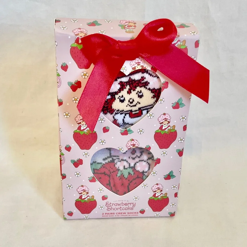 Strawberry Shortcake 2 Pair Crew Socks Gift Box Set Pink Oatmeal Shoe Size 4-10